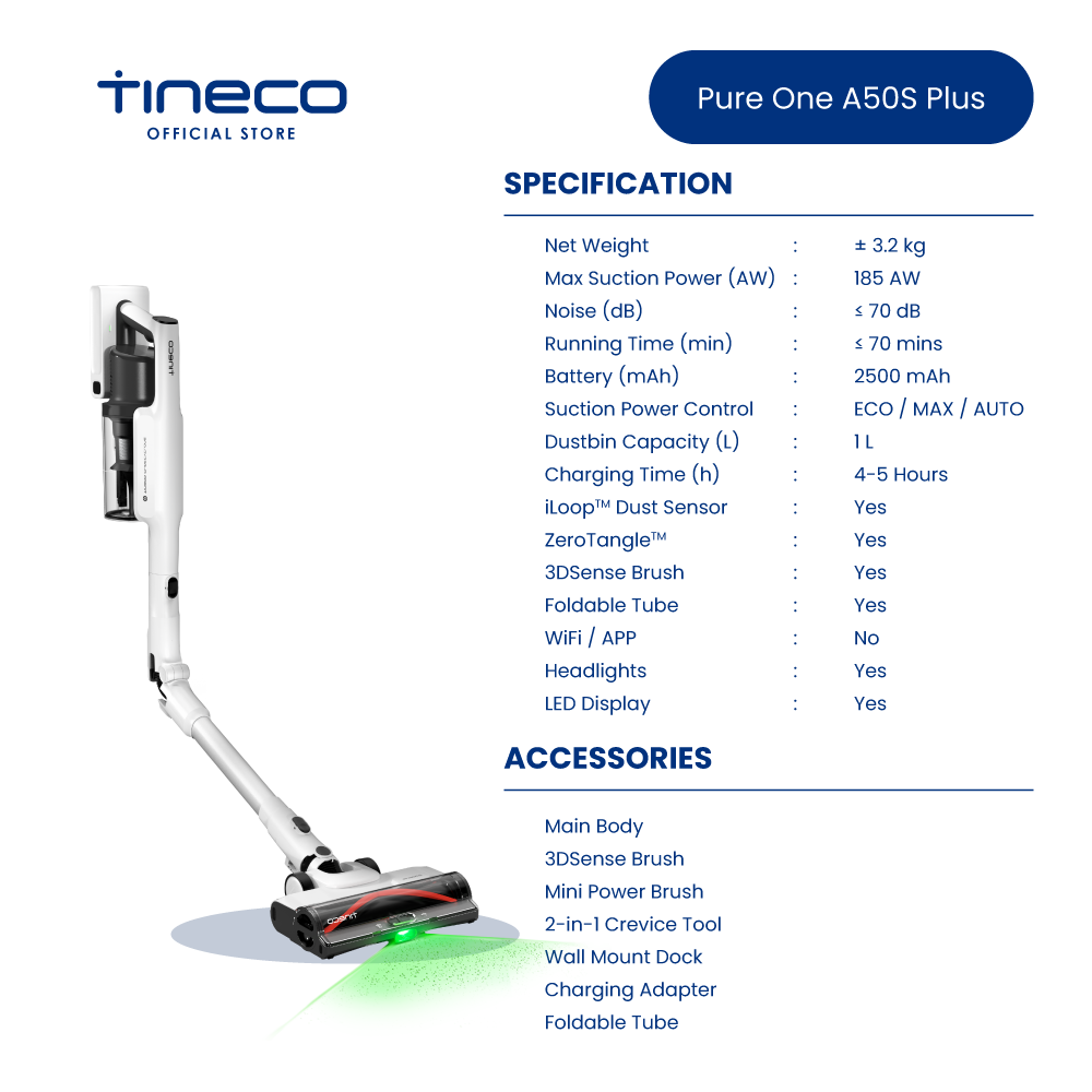 Tineco Pure One A50S Plus Cordless Stick Vacuum Cleaner | 3DSense Power Brush | 185W Suction | 70 Mins Runtime | 1L Dust - Image 2