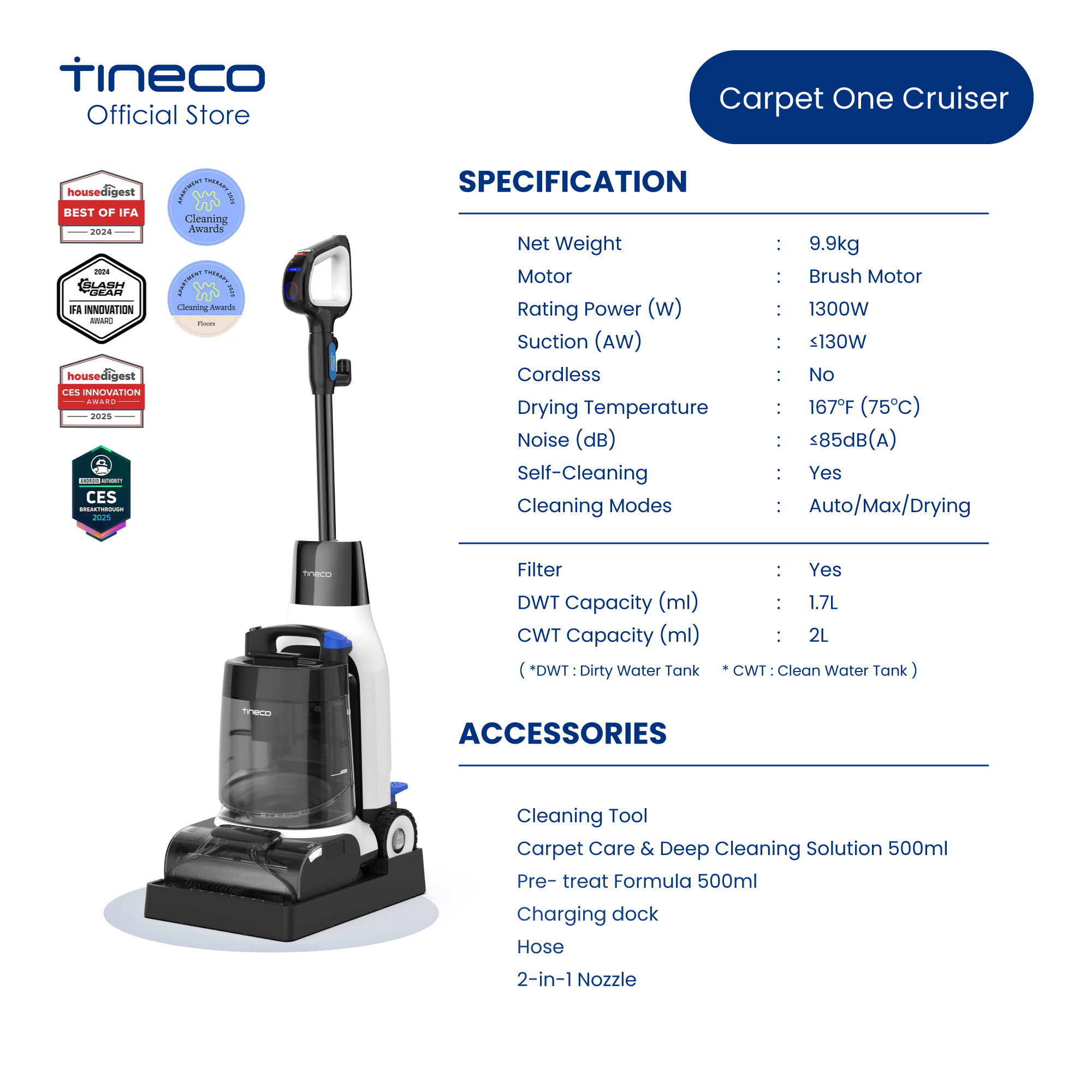 Tineco Carpet One Cruiser Smart Carpet Cleaner | 130W Suction | 75°C DualCore PowerDry | FlashDry Self Cleaning - Image 2