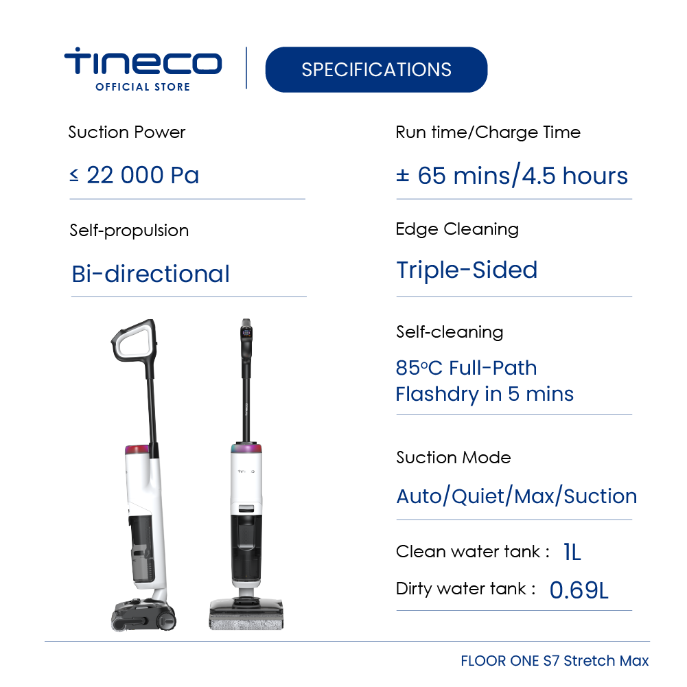 【PRE-ORDER】Tineco Floor One S7 Stretch Max Smart Floor Washer Vacuum Cleaner | 22kPa Suction | 65mins Runtime | 85°C Hot-Air Self Clean - Image 2
