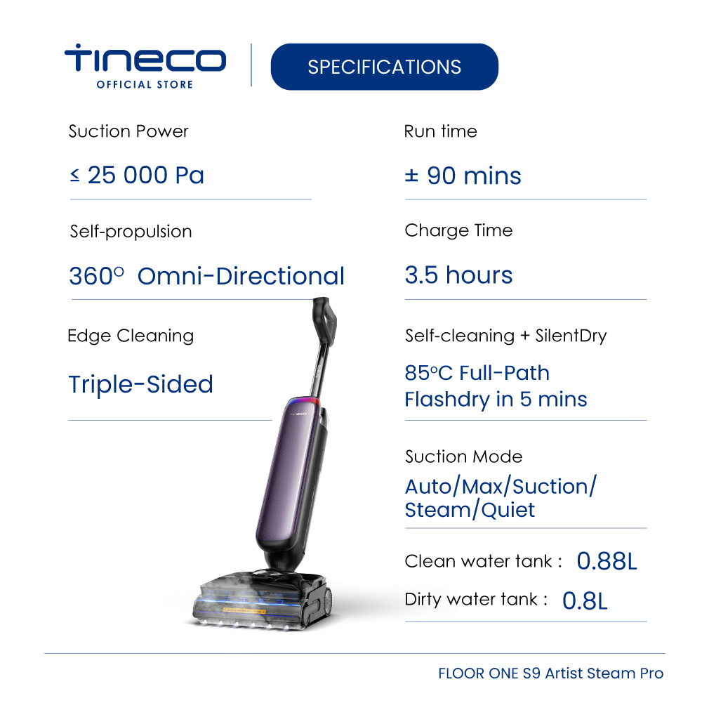 Tineco Floor One S9 Artist Steam Pro Lay-flat Wet Dry Vacuum Cleaner | 160°C HyperSteam | 90 mins Runtime | 25kPa Suction - Image 2