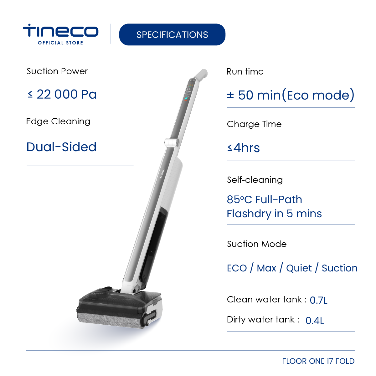 【NEW】Tineco Floor One i7 Fold Wet Dry Vacuum Cleaner Washer | 22kPa | 50min Runtime | 85°C Hot-Air Self Clean - Image 2